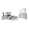 Vino 4pc Twin Bedroom Set, White Upholstery, Glitter Striped Dresser
