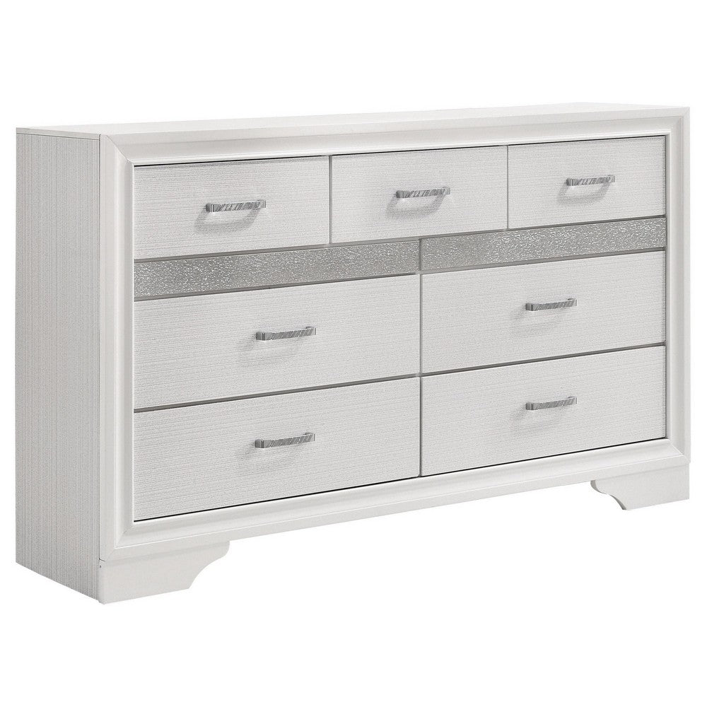 Vino 4pc Twin Bedroom Set, White Upholstery, Glitter Striped Dresser