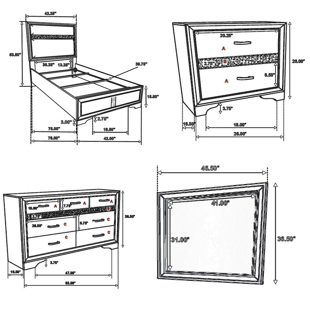 Vino 4pc Twin Bedroom Set, White Upholstery, Glitter Striped Dresser