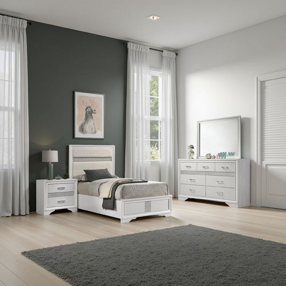 Vino 4pc Twin Bedroom Set, White Upholstery, Glitter Striped Dresser