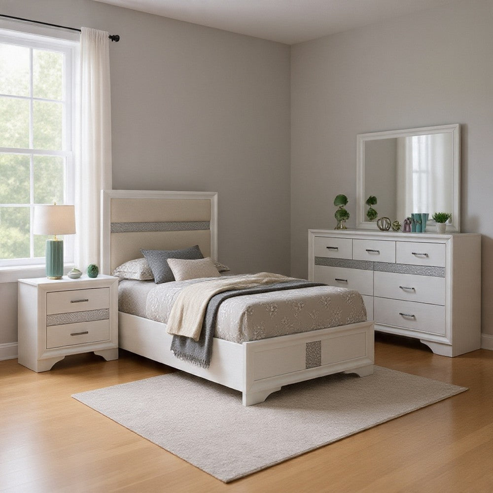 Vino 4pc Twin Bedroom Set, White Upholstery, Glitter Striped Dresser