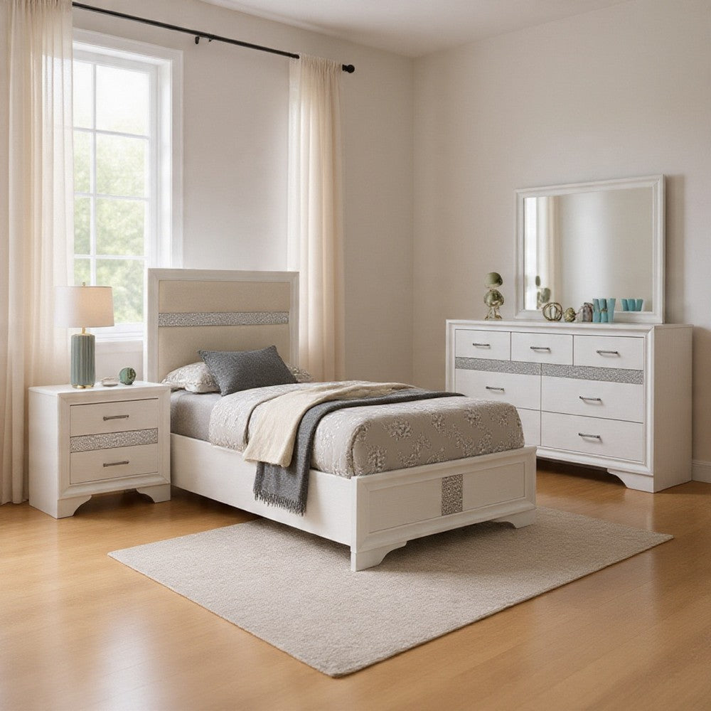 Vino 4pc Twin Bedroom Set, White Upholstery, Glitter Striped Dresser