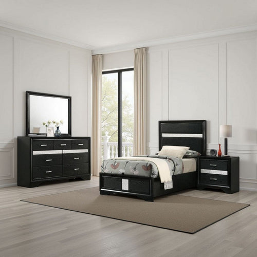 Vino 4pc Twin Bedroom Set, Black Upholstery, Glitter Striped Dresser