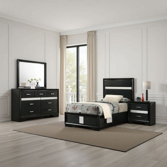 Vino 4pc Twin Bedroom Set, Black Upholstery, Glitter Striped Dresser