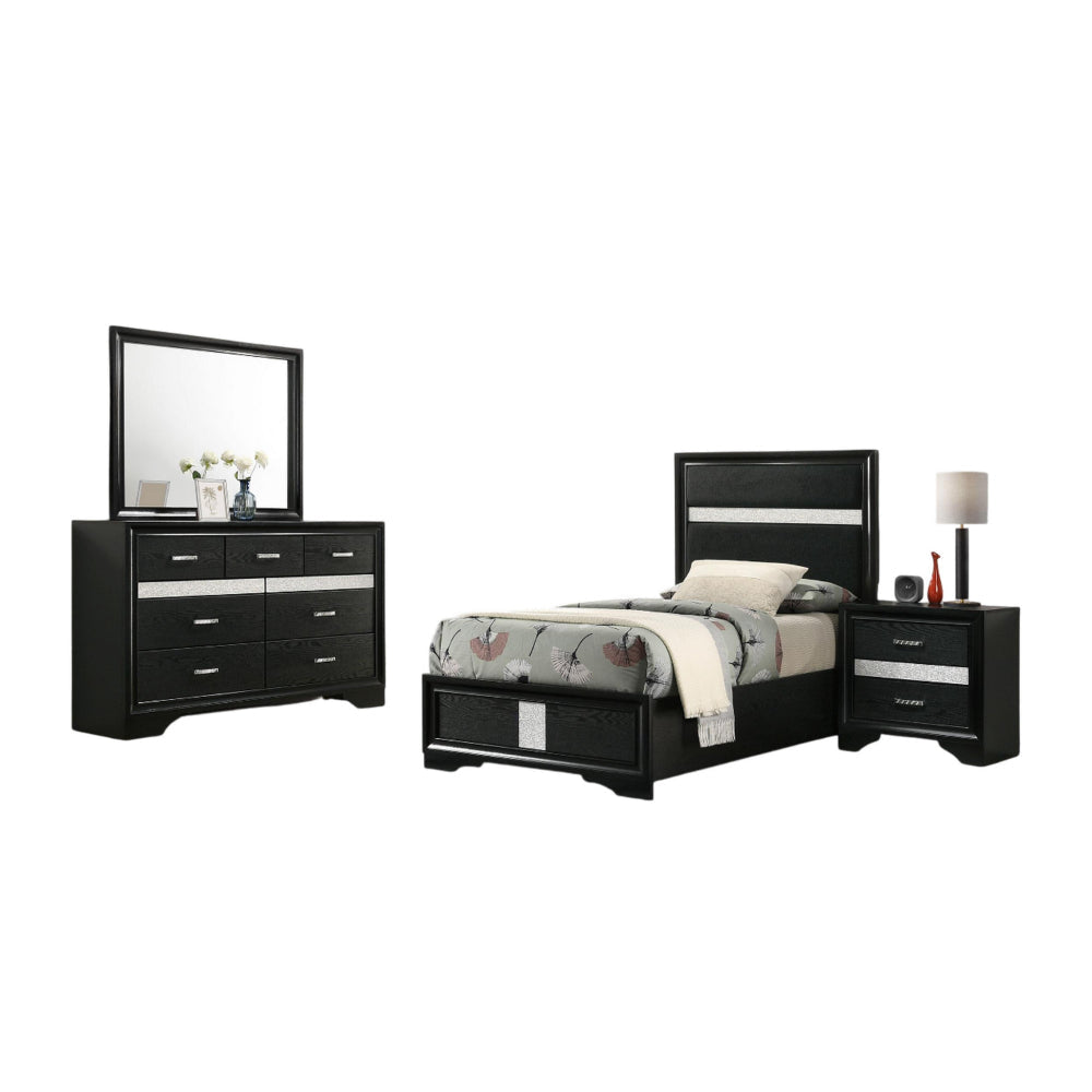 Vino 4pc Twin Bedroom Set, Black Upholstery, Glitter Striped Dresser