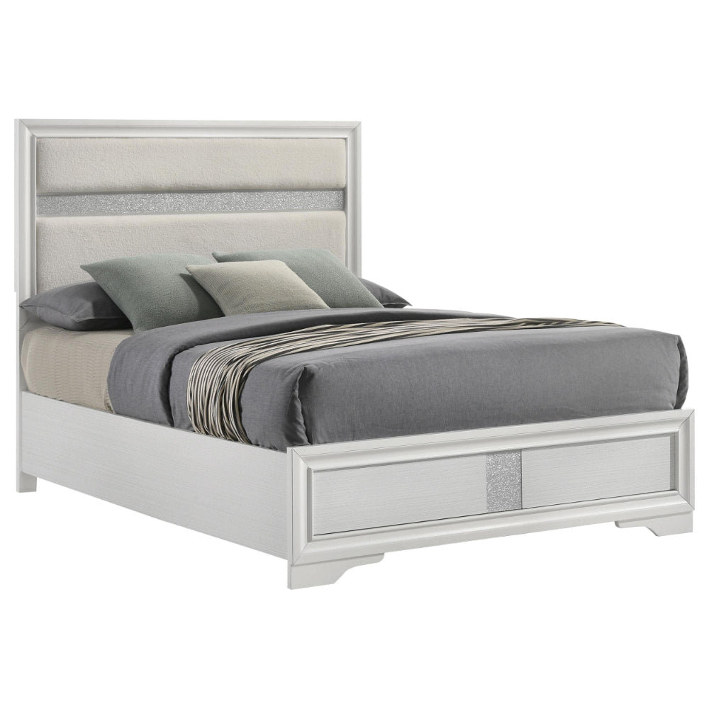 Vino Queen Size Bed Panel Headboard White Upholstery Glitter Stripe