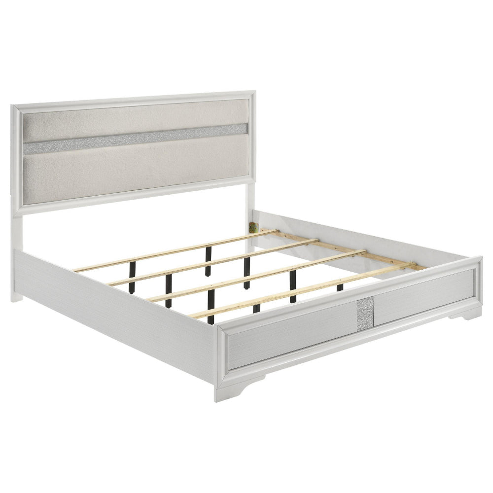 Vino King Size Bed, Panel Headboard, White Upholstery, Glitter Stripes