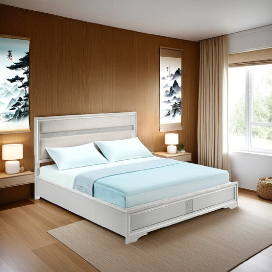 Vino California King Size Bed, Panel White Upholstery, Glitter Stripe