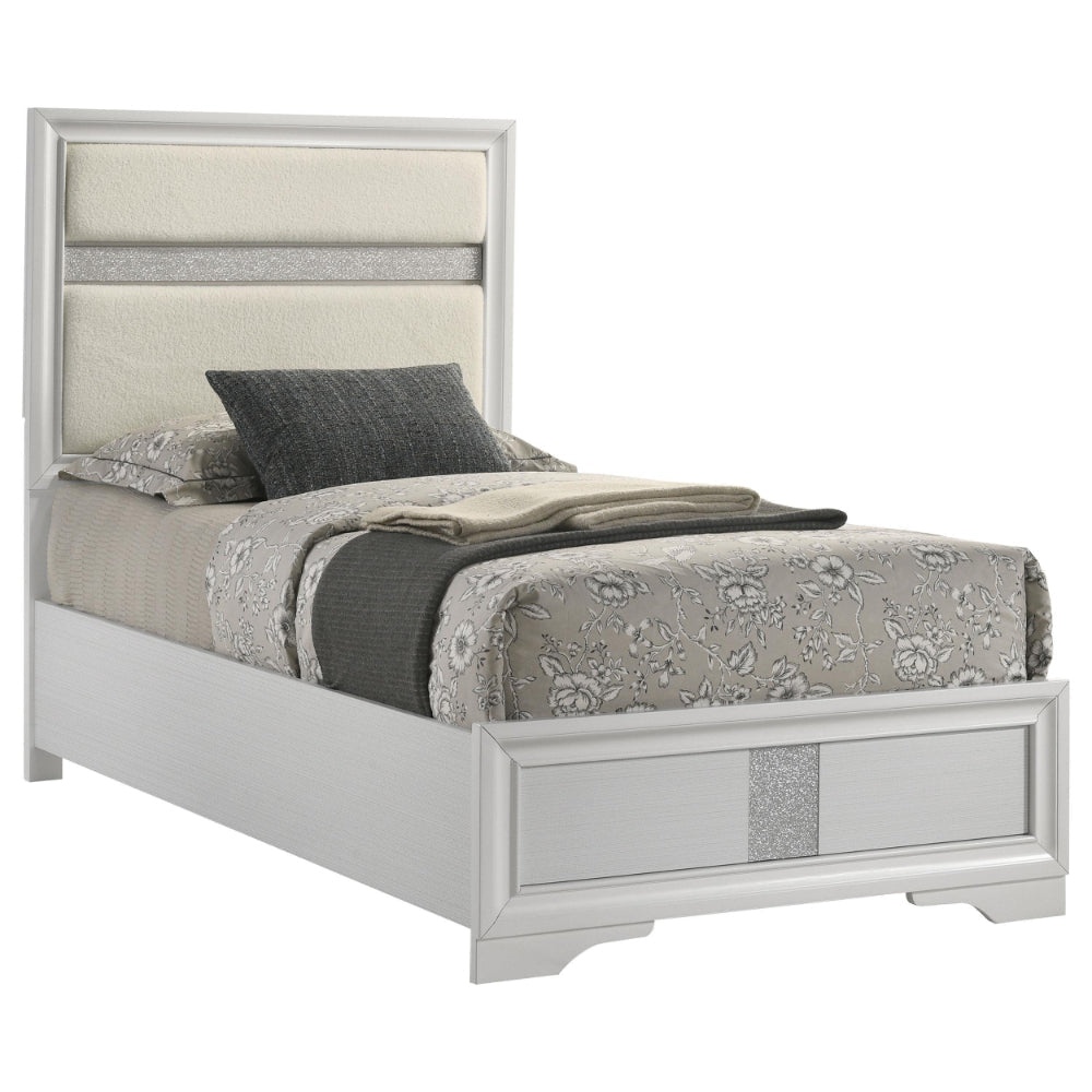 Vino Twin Size Bed Panel Headboard White Upholstery Glitter Stripes