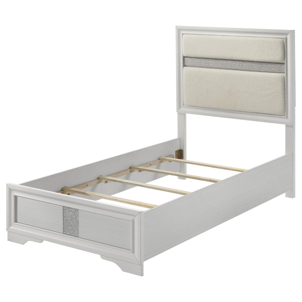 Vino Twin Size Bed Panel Headboard White Upholstery Glitter Stripes