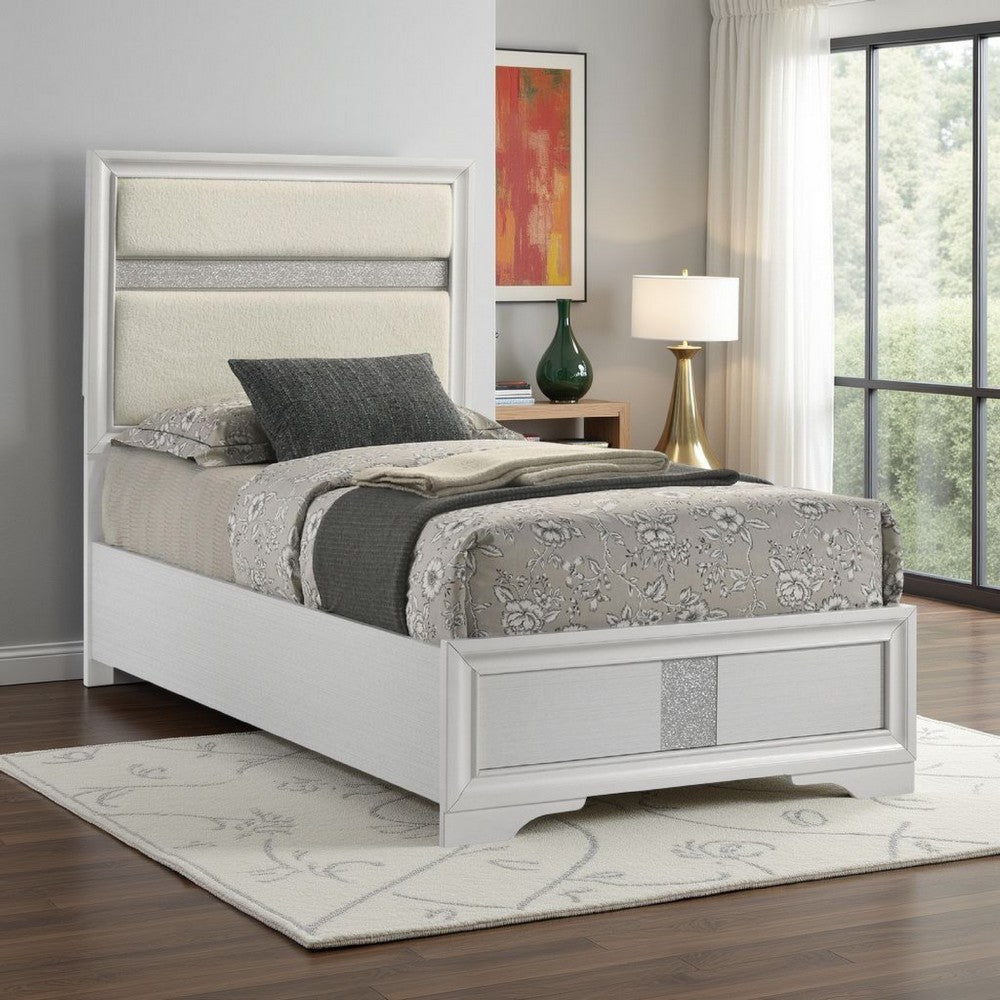 Vino Twin Size Bed, Panel Headboard, White Upholstery, Glitter Stripes
