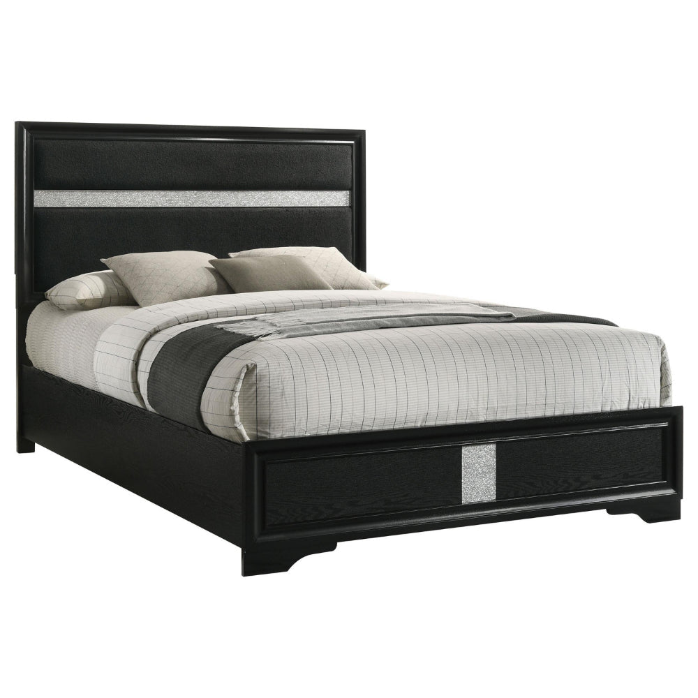 Vino Queen Size Bed Panel Headboard Black Upholstery Glitter Stripe