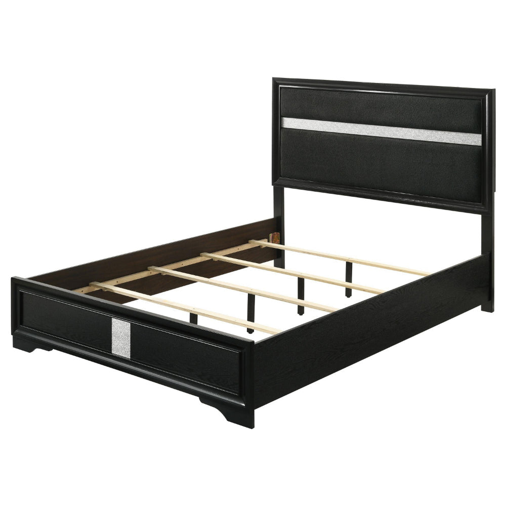 Vino Queen Size Bed Panel Headboard Black Upholstery Glitter Stripe