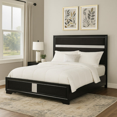 Vino Queen Size Bed, Panel Headboard, Black Upholstery, Glitter Stripe