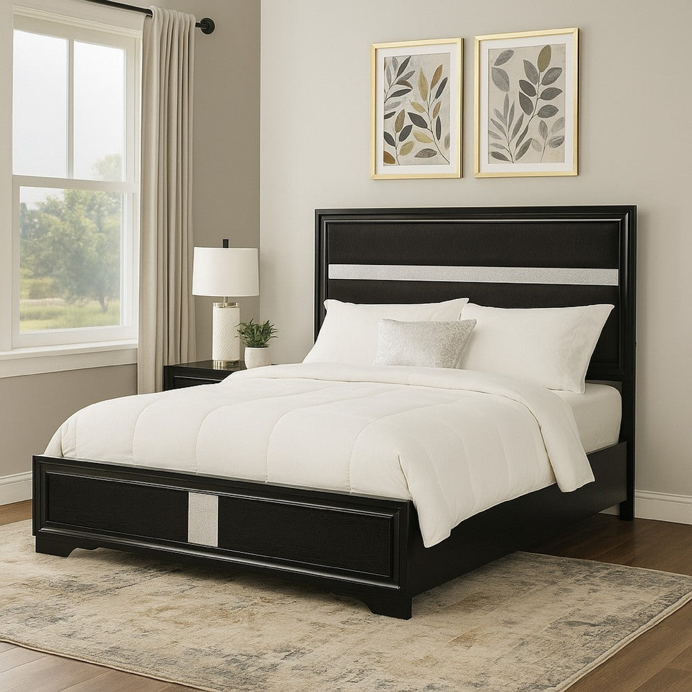 Vino Queen Size Bed, Panel Headboard, Black Upholstery, Glitter Stripe