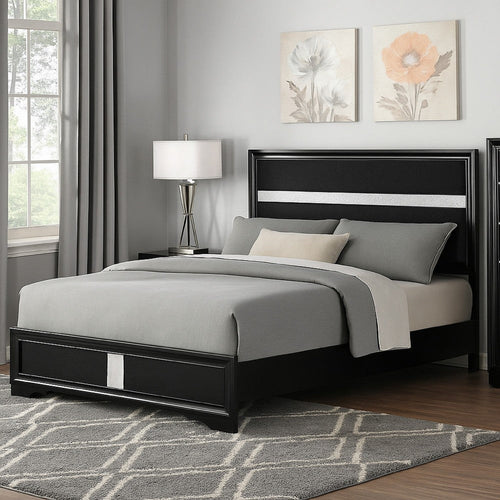 Vino King Size Bed, Panel Headboard, Black Upholstery, Glitter Stripes