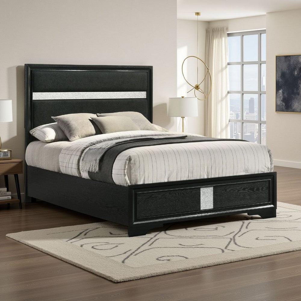 Vino Full Size Bed, Panel Headboard, Black Upholstery, Glitter Stripes