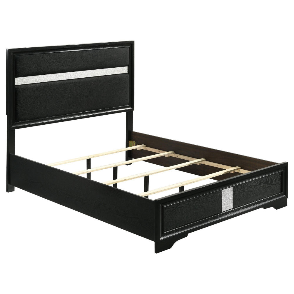 Vino Full Size Bed, Panel Headboard, Black Upholstery, Glitter Stripes