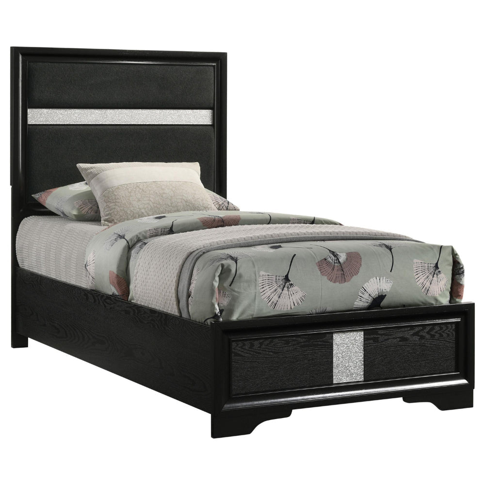 Vino Twin Size Bed Panel Headboard Black Upholstery Glitter Stripes