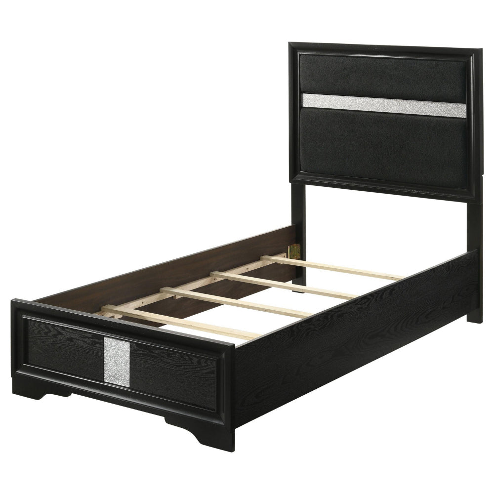 Vino Twin Size Bed Panel Headboard Black Upholstery Glitter Stripes