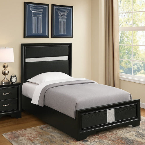 Vino Twin Size Bed, Panel Headboard, Black Upholstery, Glitter Stripes