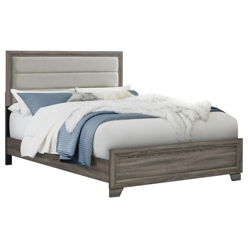 Reay Queen Size Bed Panel Headboard Brown Wood Tufted Tan Upholstery