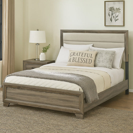 Reay Queen Size Bed, Panel Headboard, Brown Wood Tufted Tan Upholstery