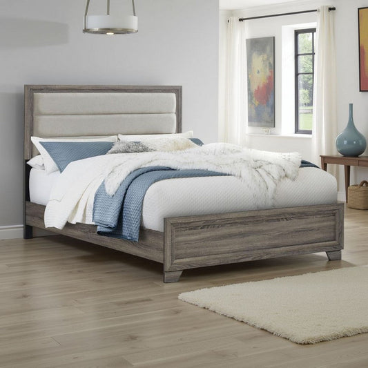 Reay King Size Bed, Oak Brown Wood, Tufted Tan Headboard Upholstery