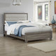 Reay King Size Bed, Oak Brown Wood, Tufted Tan Headboard Upholstery