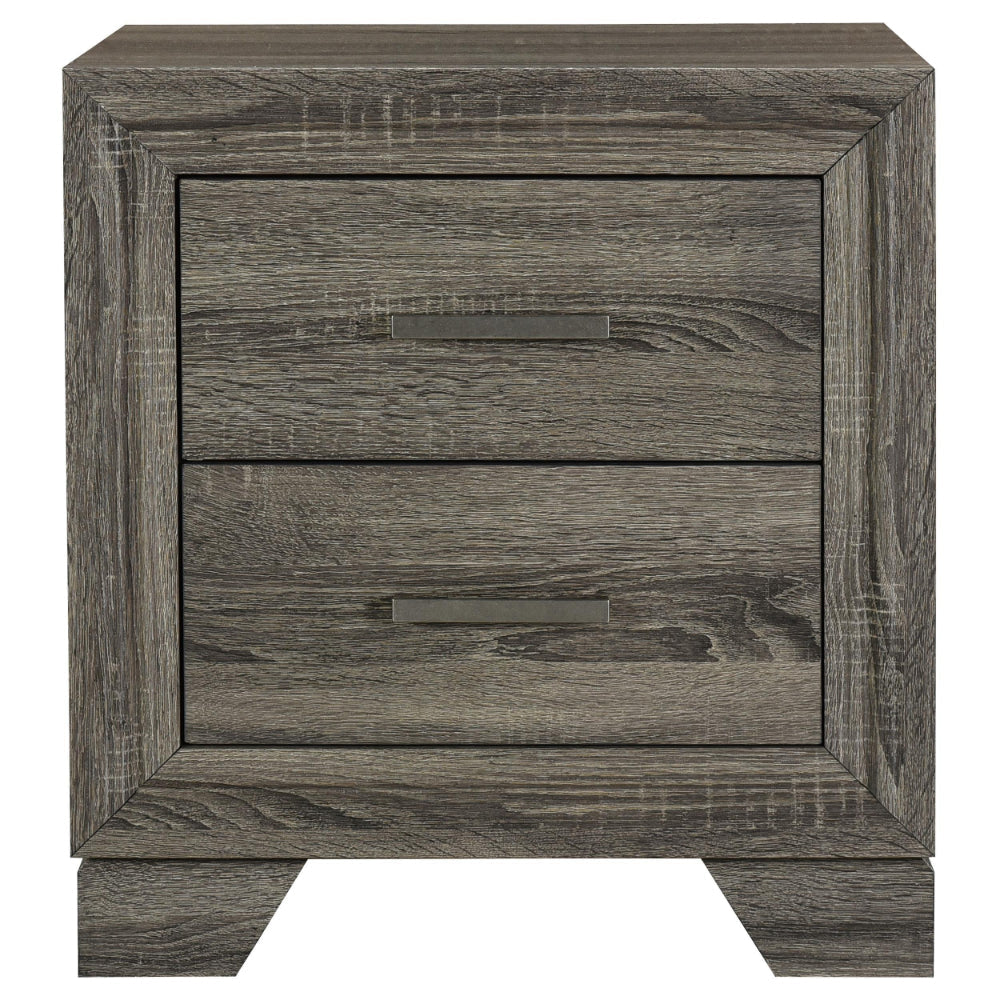 Reay Nightstand Brown Oak Finish 2 Drawers Silver Metal Bar Handles BM328819