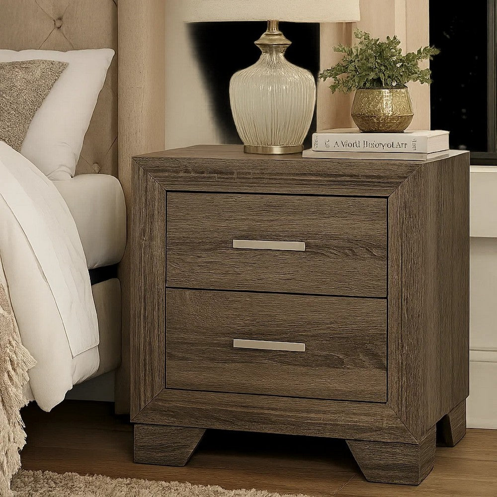 Reay Nightstand, Brown Oak Finish, 2 Drawers Silver Metal Bar Handles