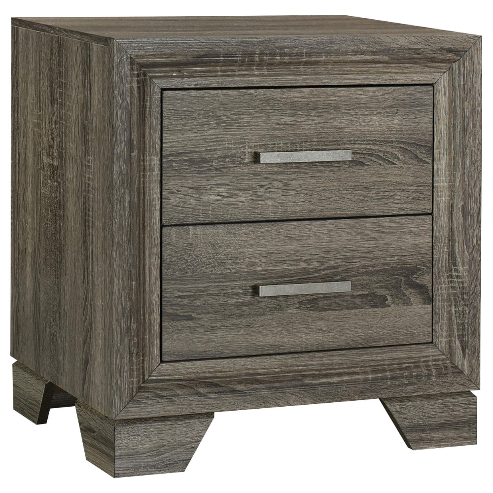 Reay Nightstand, Brown Oak Finish, 2 Drawers Silver Metal Bar Handles