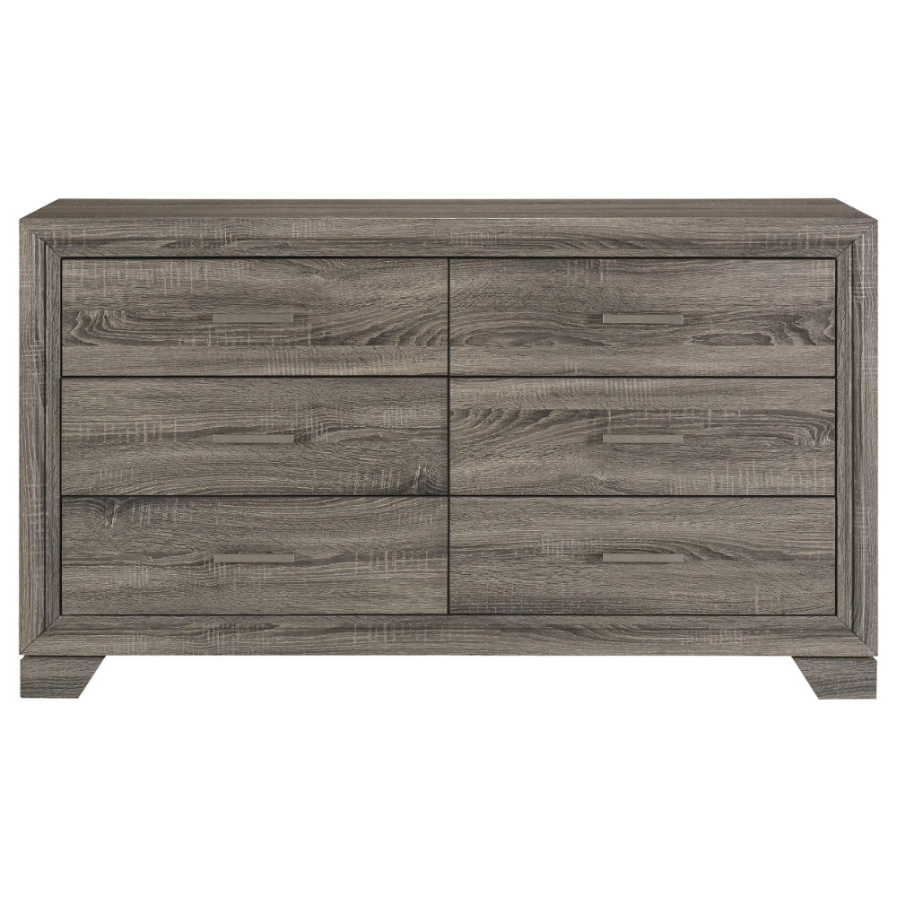 Reay Wide Dresser Brown Oak Finish 6 Drawers Silver Metal Handles BM328820