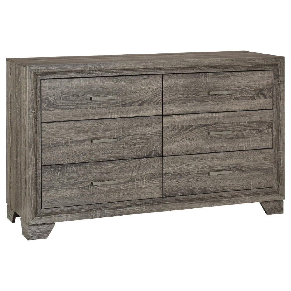 Reay Wide Dresser, Brown Oak Finish, 6 Drawers Silver Metal Handles