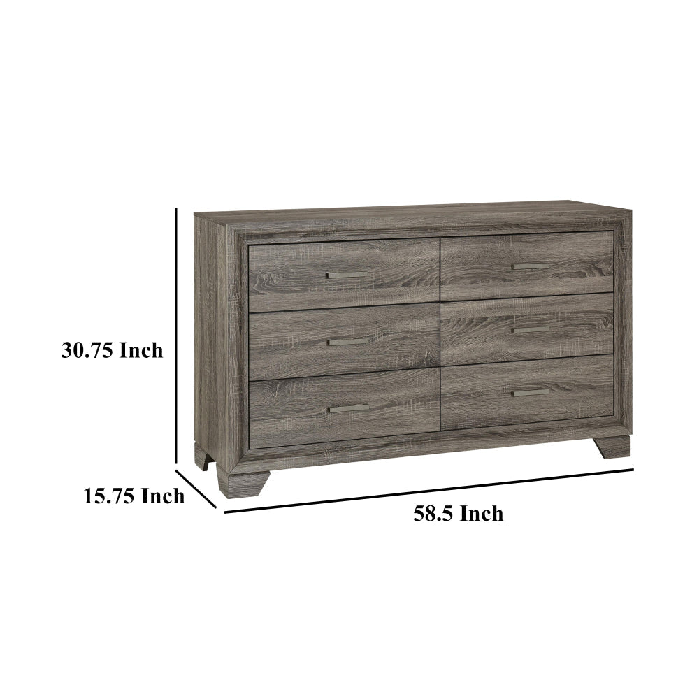 Reay Wide Dresser Brown Oak Finish 6 Drawers Silver Metal Handles BM328820