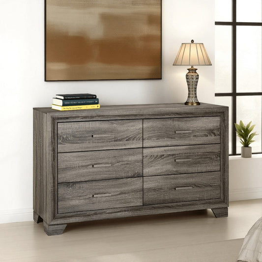 Reay Wide Dresser, Brown Oak Finish, 6 Drawers Silver Metal Handles