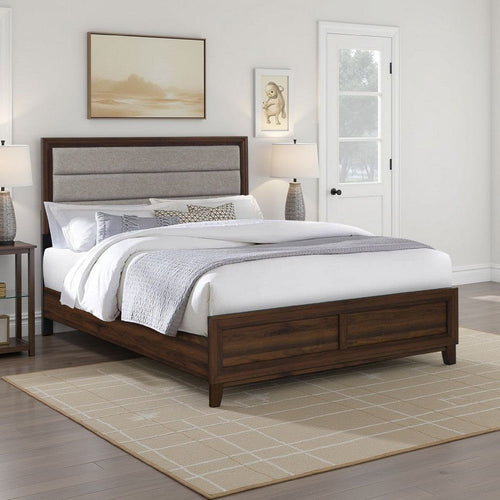 Yels Queen Size Bed, Channel Tufted Taupe Upholstery, Dark Brown Wood
