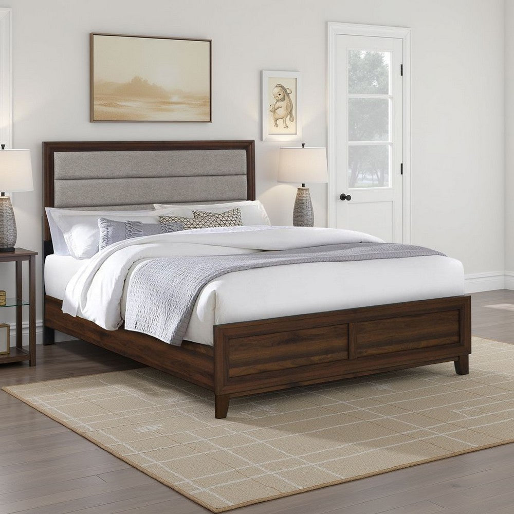 Yels Queen Size Bed, Channel Tufted Taupe Upholstery, Dark Brown Wood