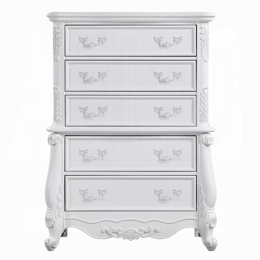 Maver Tall Dresser Chest with 5 Drawer Scrolled Details White Wood BM328823