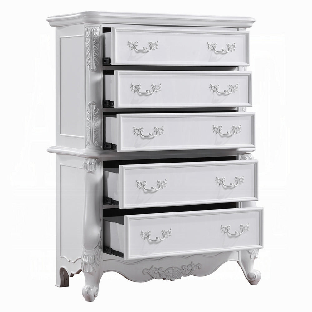 Maver Tall Dresser Chest with 5 Drawer Scrolled Details White Wood BM328823
