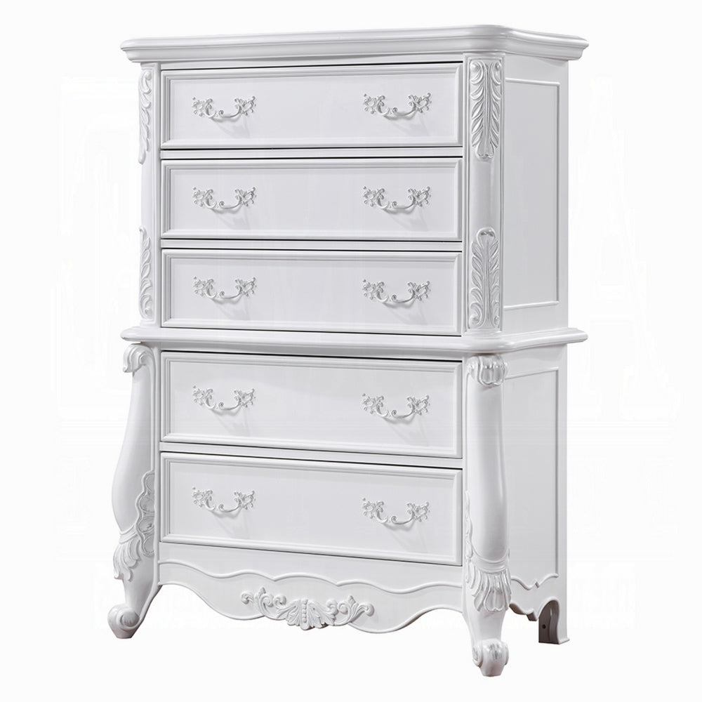 Maver Tall Dresser Chest with 5 Drawer Scrolled Details White Wood BM328823