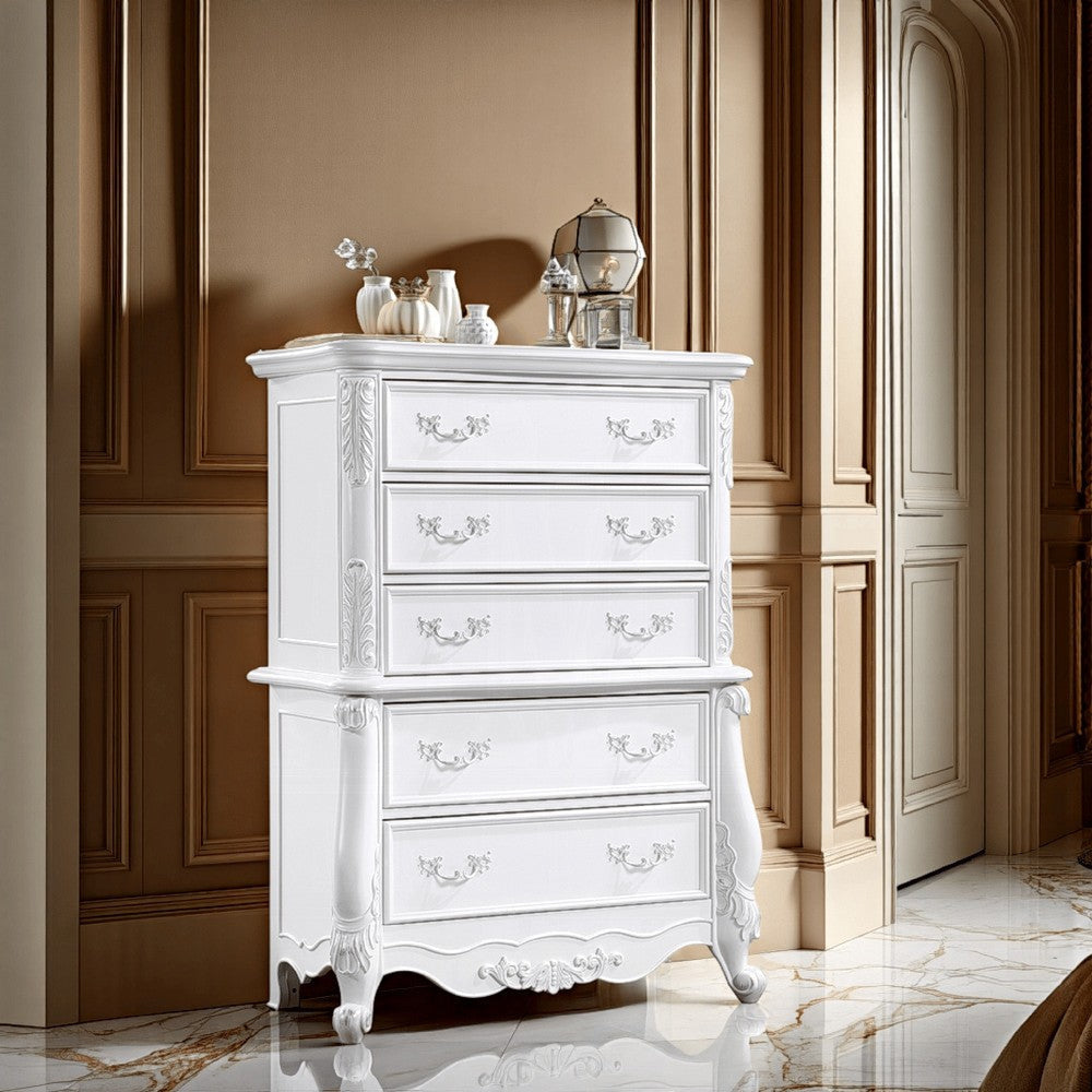 Maver Tall Dresser Chest with 5 Drawer, Scrolled Details, White Wood