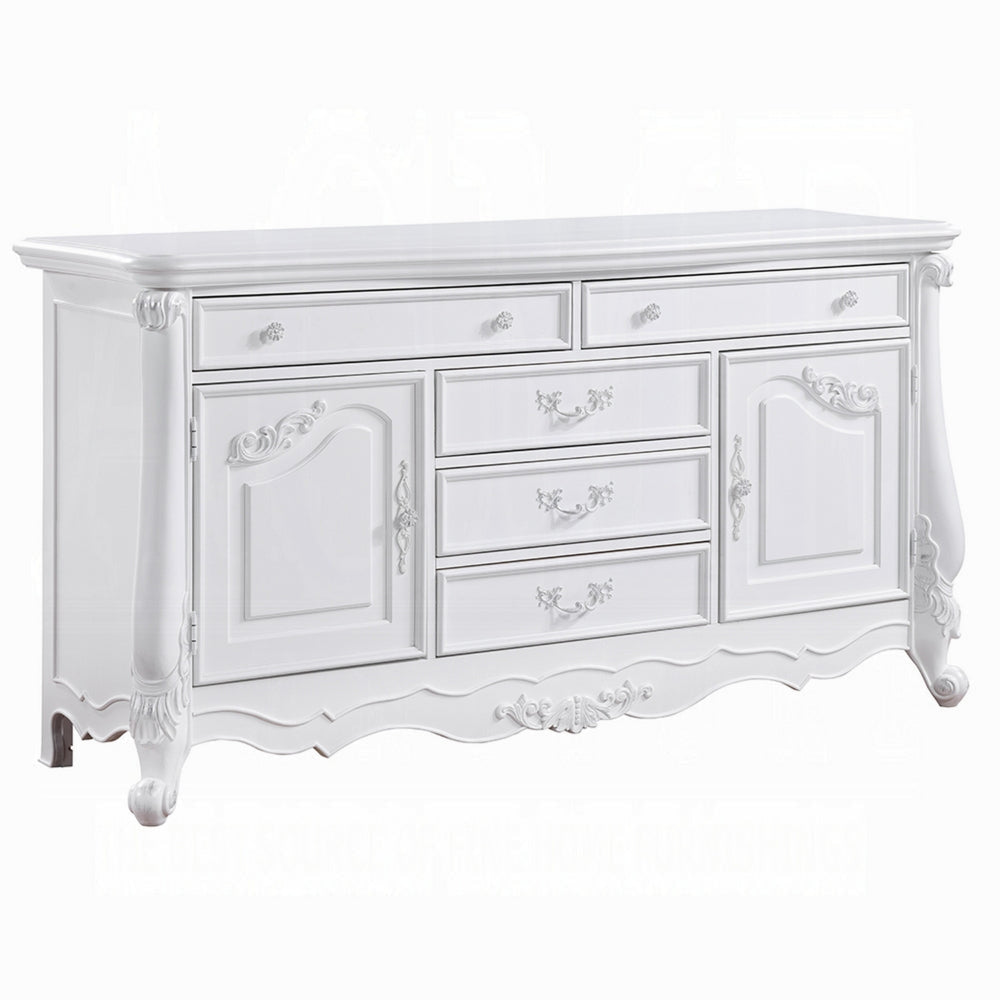 Maver Wide Dresser Chest with 6 Drawers, 2 Doors, Classic White Wood