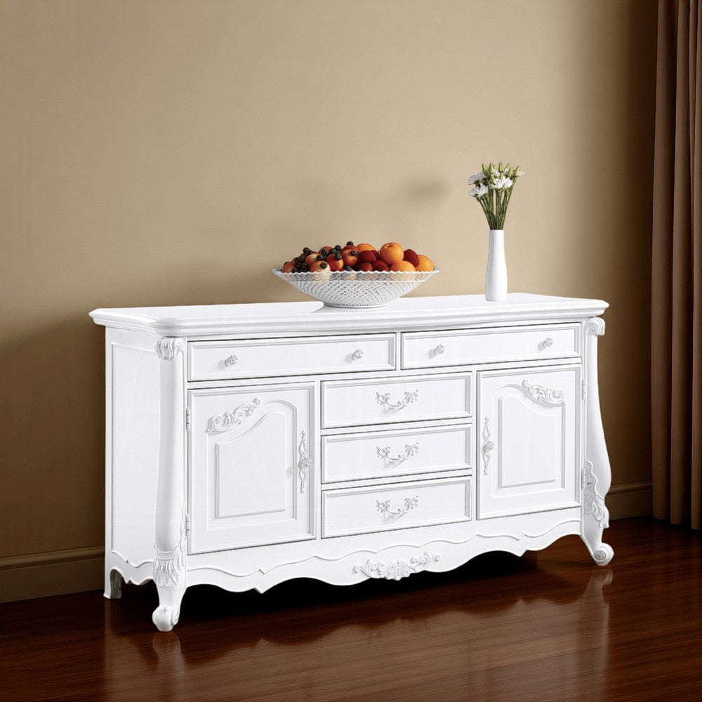 Maver Wide Dresser Chest with 6 Drawers, 2 Doors, Classic White Wood