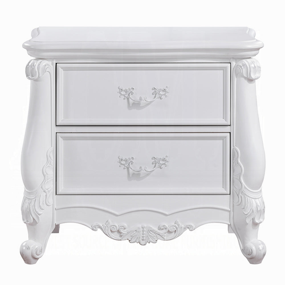 Maver Nightstand with 2 Drawers Scrolled Details 32 Inch White Wood BM328825