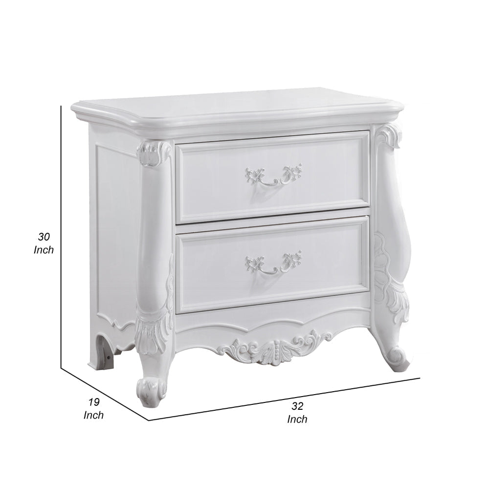 Maver Nightstand with 2 Drawers Scrolled Details 32 Inch White Wood BM328825