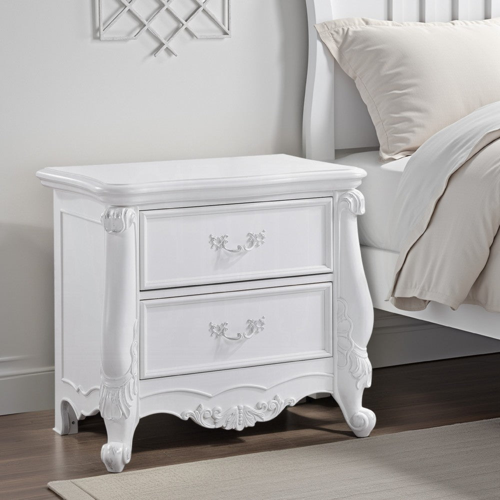 Maver Nightstand with 2 Drawers Scrolled Details 32 Inch White Wood BM328825