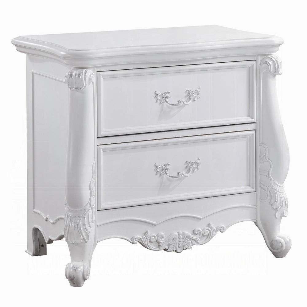 Maver Nightstand with 2 Drawers Scrolled Details, 32 Inch White Wood