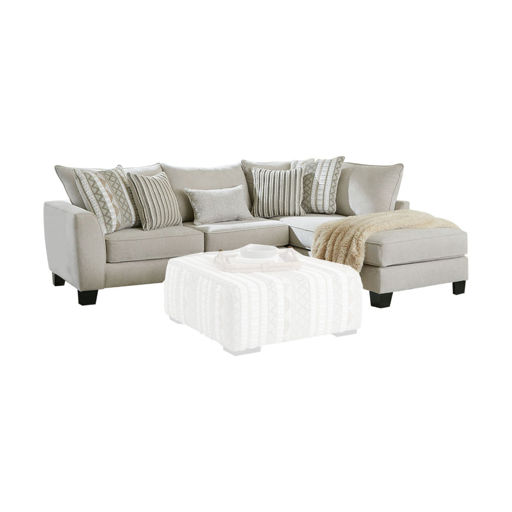 Phan L Sectional Sofa, Beige, Ivory Chenille 5 Throw Pillows, 109 Inch