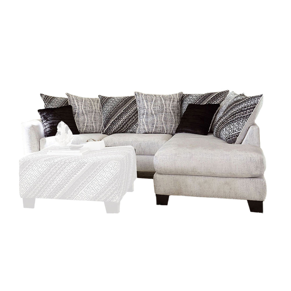 Mear Sectional L Sofa, Ivory, 8 Black Printed Throw Pillows, 109 Inch